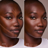 Before and after underpainting contour technique on deep skin using the Deep Rich face palette.