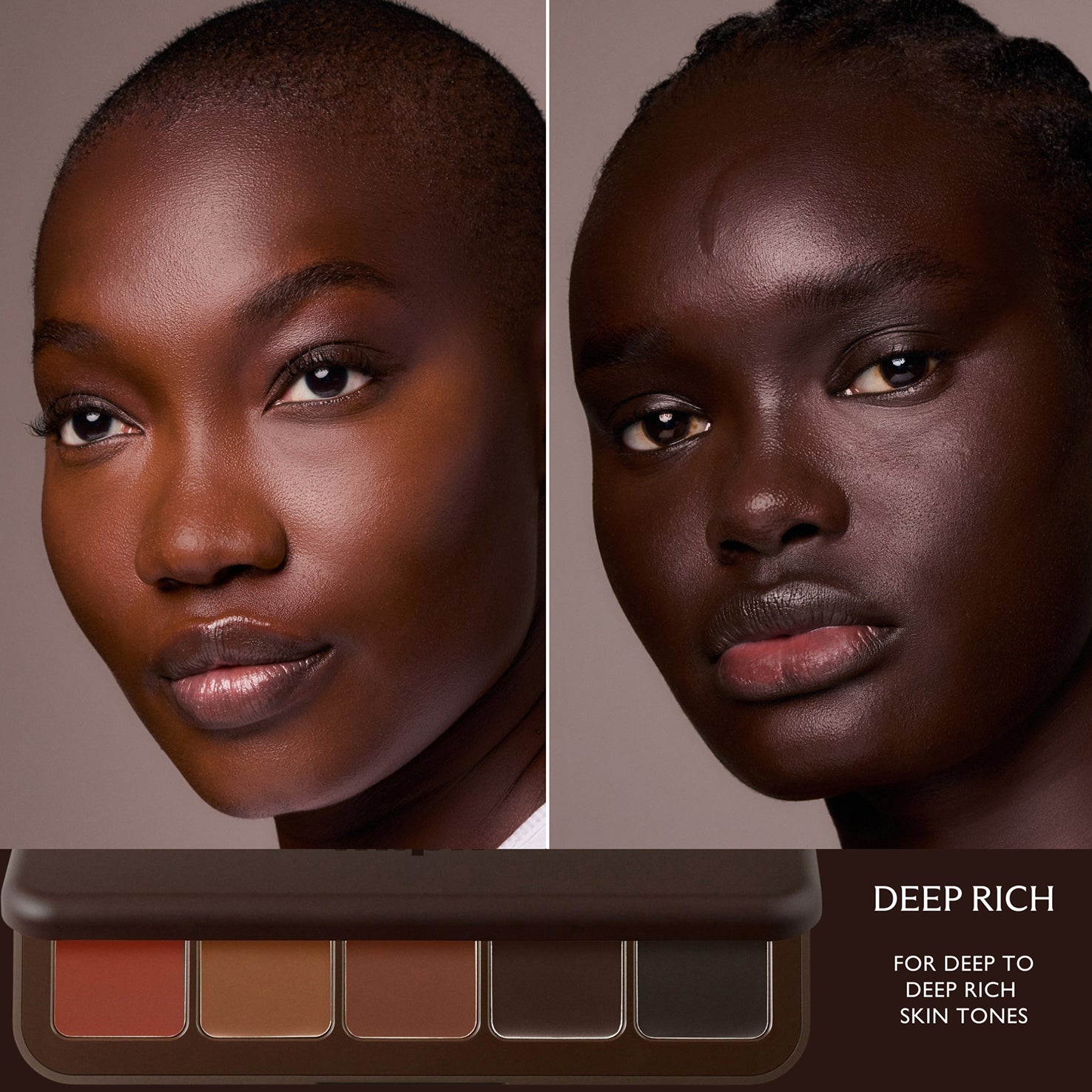Two deep-skinned models wearing Underpainting Deep Rich face palette shown below in cream contour shades.