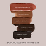 Deep Rich palette swatches: color corrector, two highlights, two contours, creamy buildable sheer-to-medium coverage.
