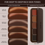 Shade guide pairing Le Skin Foundation in Deep 300 to 350 with Deep Rich Underpainting Palette.