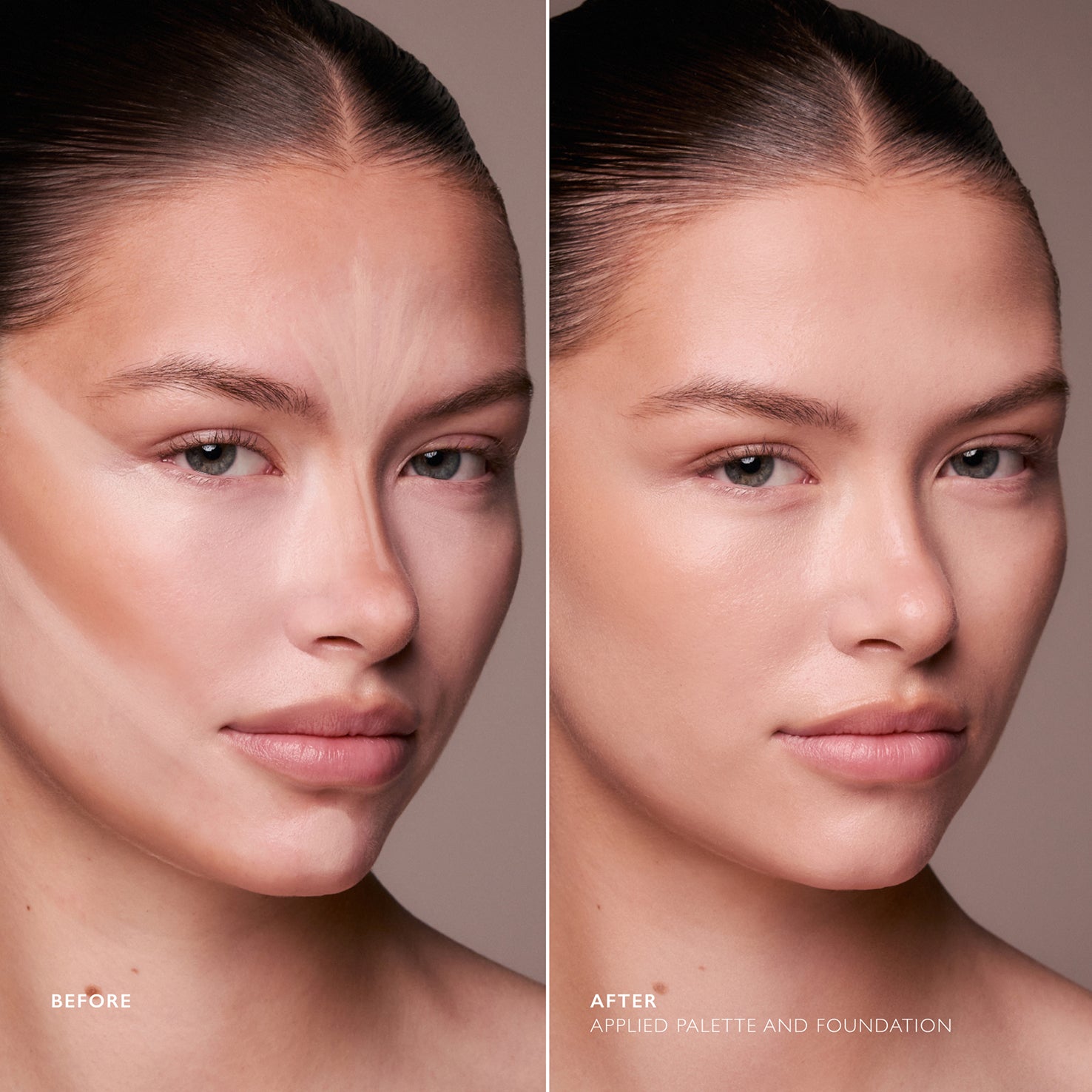 Before and after using the Underpainting face palette with foundation, showing sculpted contour and blended finish.