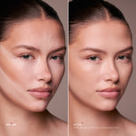 Before and after using the Underpainting face palette with foundation, showing sculpted contour and blended finish.