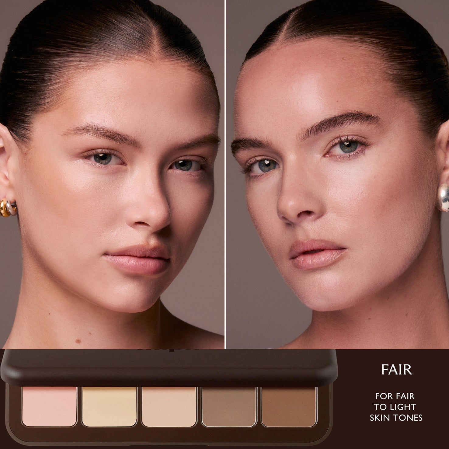 Two fair-skinned models wearing the Underpainting Face Palette in Fair, shown with five sculpting shades.