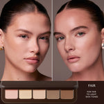 Two fair-skinned models wearing the Underpainting Face Palette in Fair, shown with five sculpting shades.