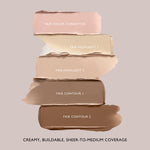 Swatches of Fair color corrector, two highlights, and two contour shades in creamy buildable formula.