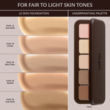 Shade guide pairing Le Skin Foundation Fair 10 to 50 swatches with the Fair Underpainting Palette.