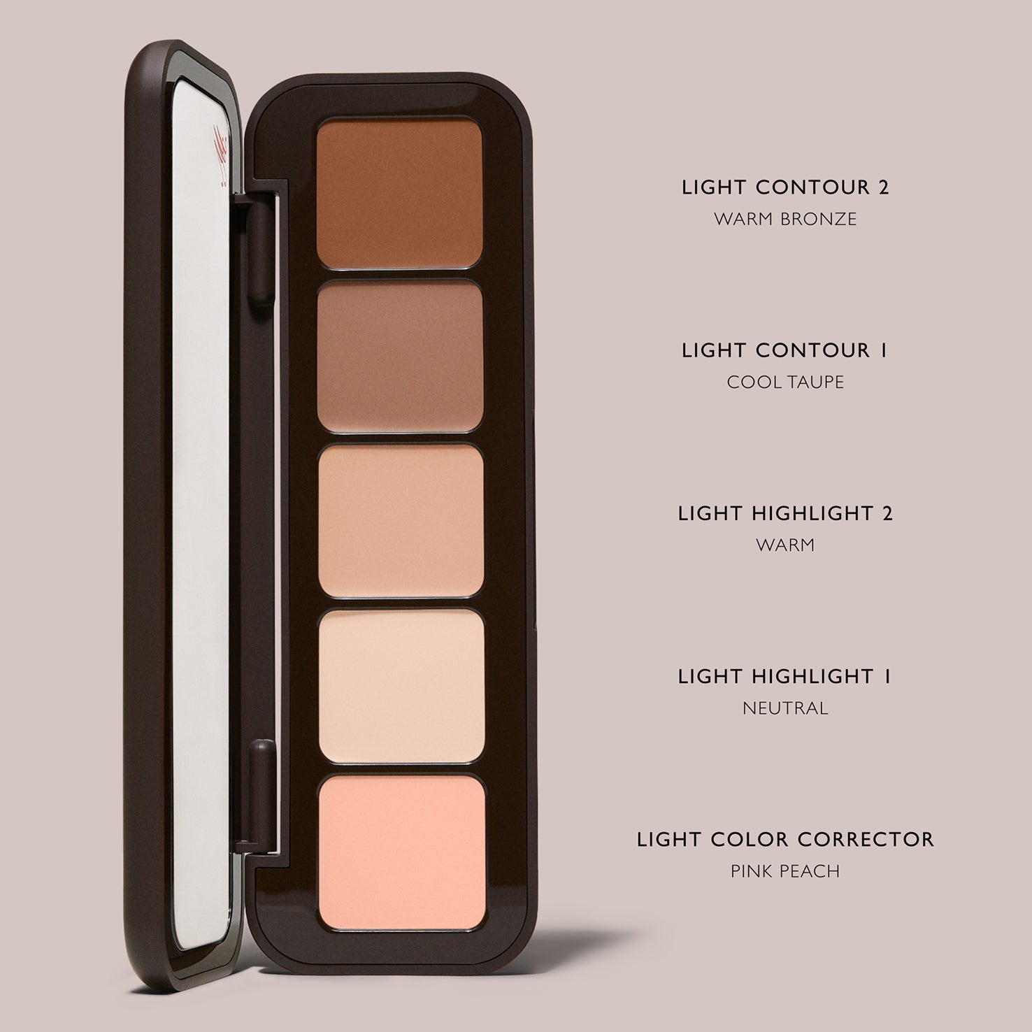 Underpainting palette in Light with five shades labeled warm bronze, cool taupe, warm, neutral, and pink peach.
