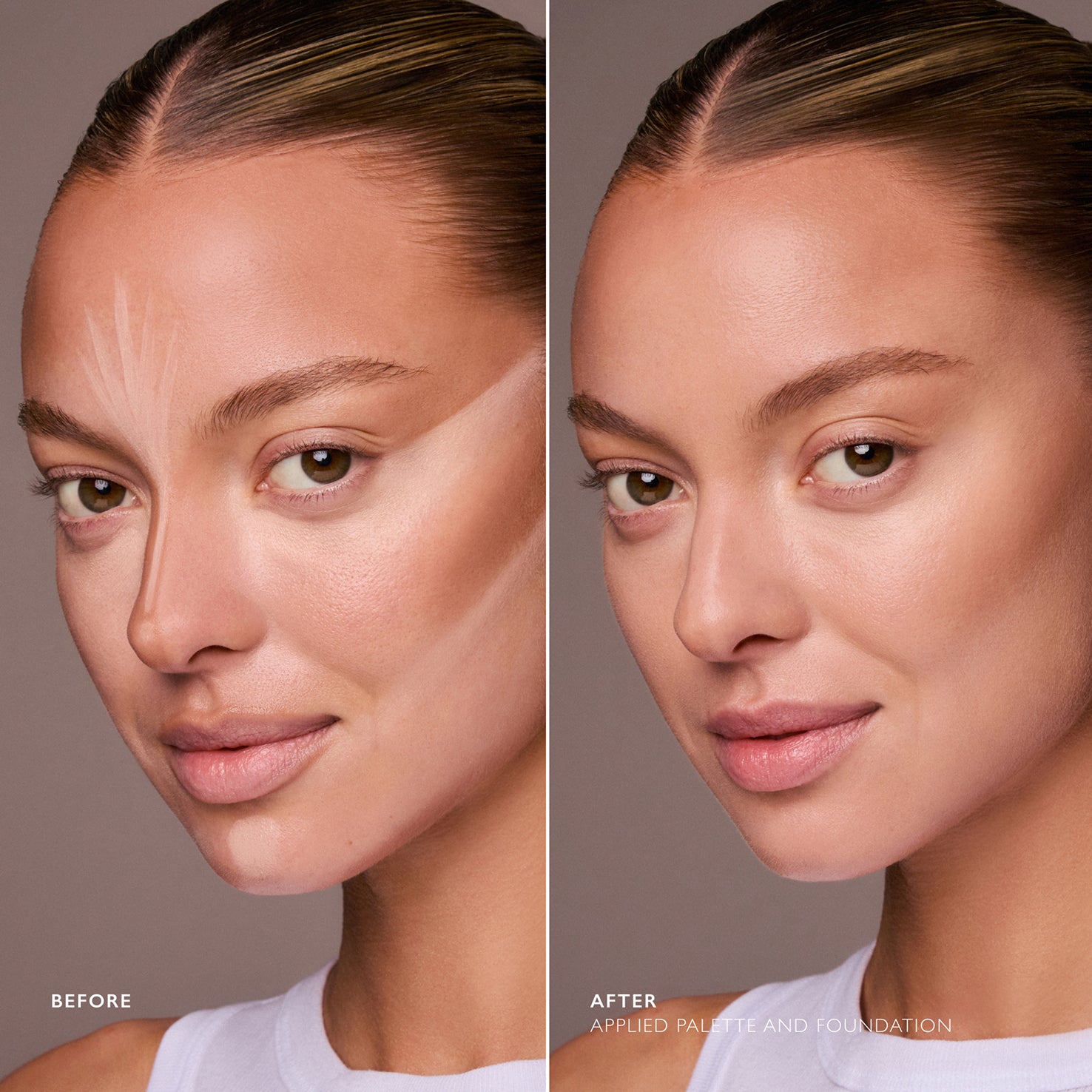 Before and after using the Underpainting Face Palette in Light to contour and sculpt.