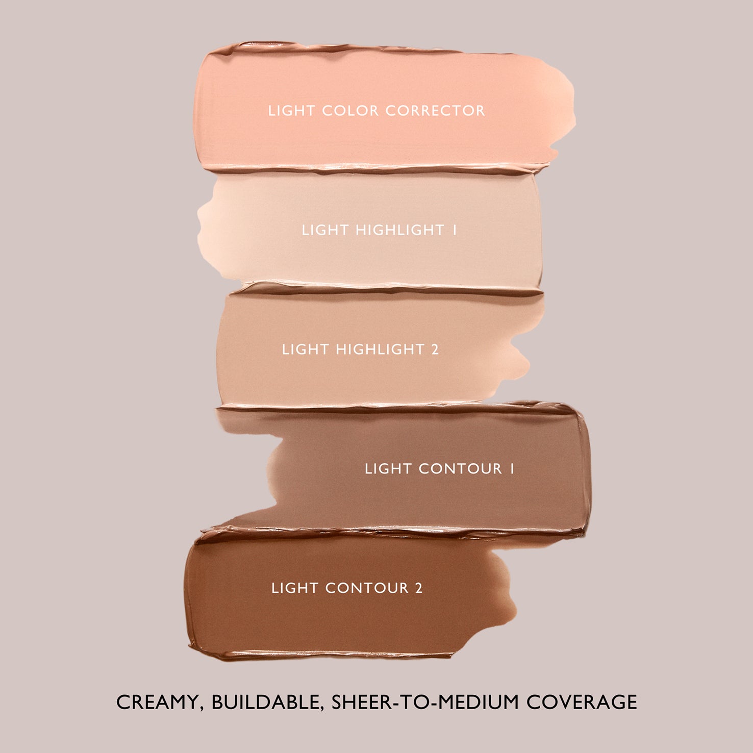 Five creamy swatches labeled corrector, two highlights, and two contours in the Light Underpainting palette range.