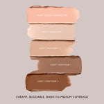 Five creamy swatches labeled corrector, two highlights, and two contours in the Light Underpainting palette range.