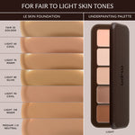 Shade chart for fair to light skin: foundation swatches from Fair 50 to Medium 110 beside Underpainting palette.
