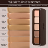 Shade chart for fair to light skin: foundation swatches from Fair 50 to Medium 110 beside Underpainting palette.
