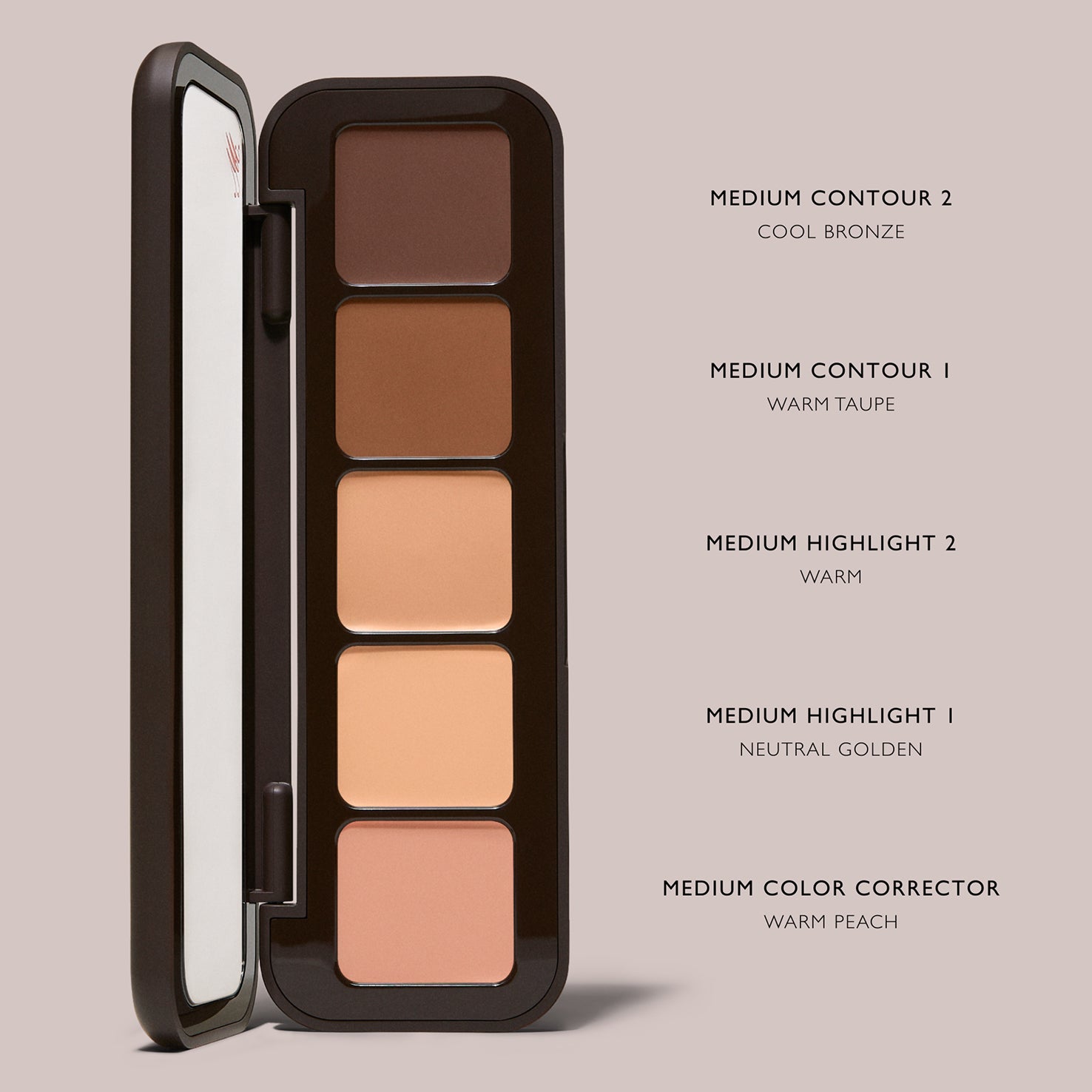 Open Underpainting Medium palette with five shades labeled contour, highlight, and warm peach corrector.