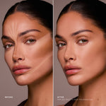 Before and after underpainting face palette application showing sculpted contour and blended foundation finish.