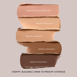 Swatches of Underpainting Medium palette: color corrector, two highlights, two contours, creamy buildable coverage.