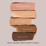 Swatches of Underpainting Medium palette: color corrector, two highlights, two contours, creamy buildable coverage.