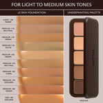 Shade guide for light to medium skin tones pairing Le Skin Foundation swatches with the Medium Underpainting Palette.