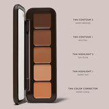 Open Tan palette with five cream shades labeled contour, highlight, and warm coral corrector.