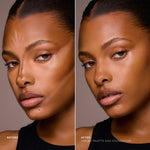 Before and after underpainting technique on tan skin using palette and foundation for sculpted finish.