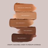 Swatches of Tan color corrector, two highlights, and two contours with creamy buildable sheer-to-medium coverage.
